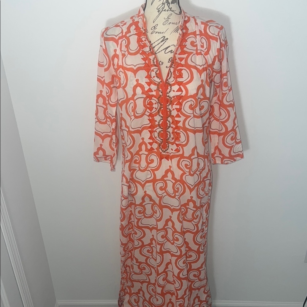 Ro’s Garden Printed Woven Split V-Neck 3/4 Sleeve Tunic Top Dress XS
